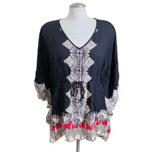 Angie Kaftan Tunic Top Size M Black Red Ethnic Print Rayon Festival Boho Artsy